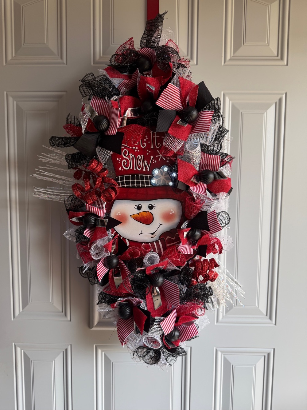 Lighted Snowman Christmas Deco Mesh Door Swag Wreath 26” Winter Red Black White